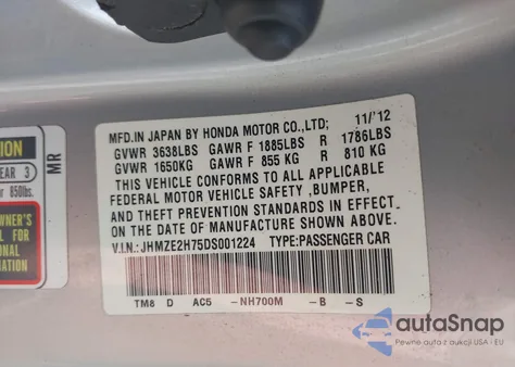 2013 Honda Insight Ex from USA, damaged, VIN JHMZE2H75DS001224